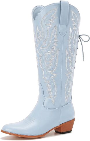 Uillnoodu Wide Calf Cowboy Boots Women Adjustable Lace Up Knee High Tall Plus Size Cowgirl Boots Western Style Comfortable 2-Inch Heel in Kuwait