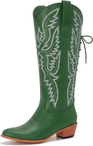 Uillnoodu Wide Calf Cowboy Boots Women Adjustable Lace Up Knee High Tall Plus Size Cowgirl Boots Western Style Comfortable 2-Inch Heel in Kuwait