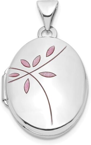 DEWBERRY 14k White Gold Pink Enamel Leaves 19mm Oval Locket (Weight : 1.25gm, Length : 26.4mm, Width : 15.3mm) in Kuwait