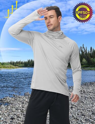 FISHEAL Men's UPF 50+ Sun Hoodie, UV Protection Quick Dry Long Sleeve Fishing Shirts, Hooded Rash Guard Hiking with Mask in Saudi Arabia