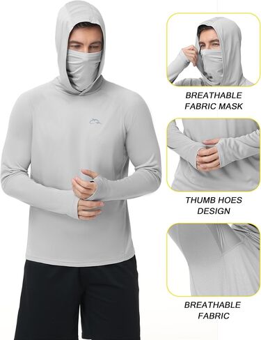 FISHEAL Men's UPF 50+ Sun Hoodie, UV Protection Quick Dry Long Sleeve Fishing Shirts, Hooded Rash Guard Hiking with Mask in Saudi Arabia