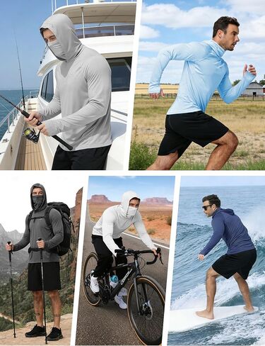 FISHEAL Men's UPF 50+ Sun Hoodie, UV Protection Quick Dry Long Sleeve Fishing Shirts, Hooded Rash Guard Hiking with Mask in Saudi Arabia