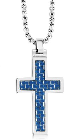 CROSS - BLUE CARBON FIBER TUNGSTEN CARBIDE CROSS PENDANT ON BOX CHAIN NECKLACE in Saudi Arabia