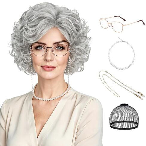 Old Lady Wigs for Women, Grey Wigs for Granny Grandma Costume-Gray Wig, Wig Cap, Madea Granny Glasses, Eyeglass Retainer Chain, Pearl Necklace (5pcs Set) in Saudi Arabia