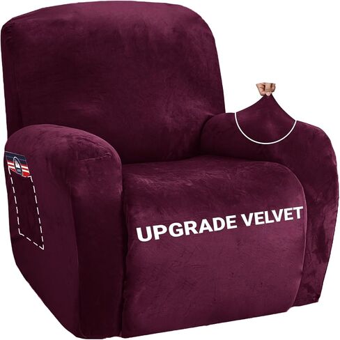 ZNSAYOTX Stretch Velvet Recliner Cover 4-Pieces, Thick Soft Recliner Chair Slipcover with Pocket, Non-Slip Elastic Bottom for Kids Pets, Luxury Plush Reclining Protector Comfy Washable (Grey) in Saudi Arabia