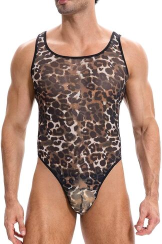 Landofgenie Mens Bodysuit Leotard Singlet Thong Stretchy U Convex Pouch Sleeveless One Piece for Workout Swimwear Lingerie in Kuwait