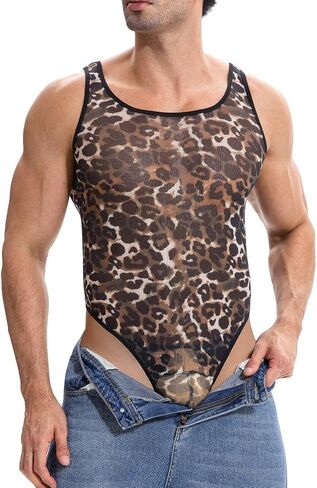 Landofgenie Mens Bodysuit Leotard Singlet Thong Stretchy U Convex Pouch Sleeveless One Piece for Workout Swimwear Lingerie in Kuwait