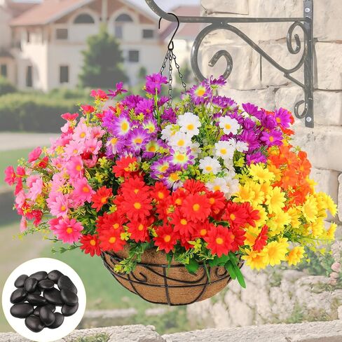 Outdoor Artificial Hanging Flowers: Boast 25% More Blooms Than Standard Models - 3-Year All-Weather UV & Fade Resistant - 95% Lifelike Silk Flowers for Porch Patio Garden Decor in Saudi Arabia