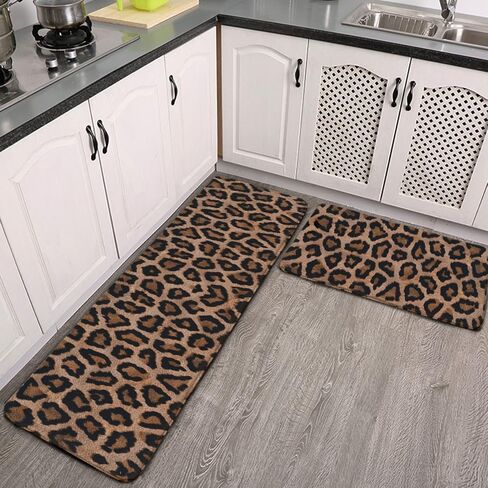 Cool Cheetah Leopard Pattern Kitchen Rug Set 2 PCS Floor Mats Washable Non-Slip Soft Flannel Runner Rug Doormat Carpet for Kitchen Bathroom Laundry in Saudi Arabia