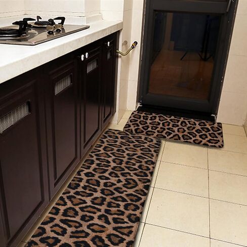 Cool Cheetah Leopard Pattern Kitchen Rug Set 2 PCS Floor Mats Washable Non-Slip Soft Flannel Runner Rug Doormat Carpet for Kitchen Bathroom Laundry in Saudi Arabia