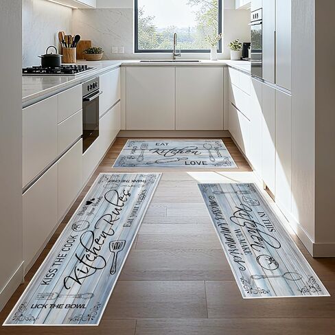 3 Pieces Farmhouse Kitchen Rug Sets with Quotes, Non-Slip Washable Kitchen Mats for Floor, Rustic Wood Grain Kitchen Decor Rugs for Laundry, Hallway, Kitchen (Wood Grey) in Saudi Arabia