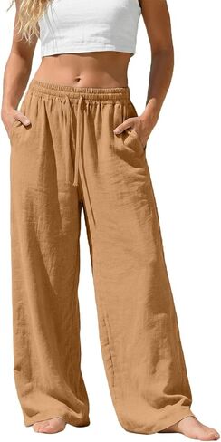 Straight Leg Linen Pants for Women High Waist Lightweight Trousers Summer Loose Drawstring Wide Leg Beach Pants in Saudi Arabia