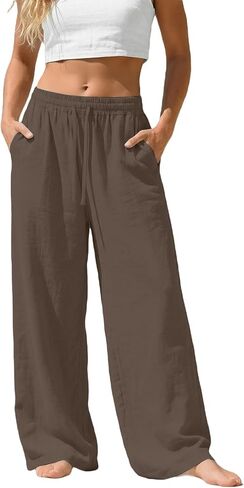 Straight Leg Linen Pants for Women High Waist Lightweight Trousers Summer Loose Drawstring Wide Leg Beach Pants in Saudi Arabia