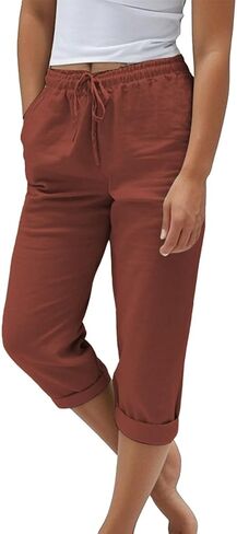 Light Weight Capris for Women Summer Drawstring Elastic High Waisted Mid-Calf Length Cropped Pants with Pockets in Saudi Arabia