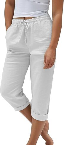 Light Weight Capris for Women Summer Drawstring Elastic High Waisted Mid-Calf Length Cropped Pants with Pockets in Saudi Arabia