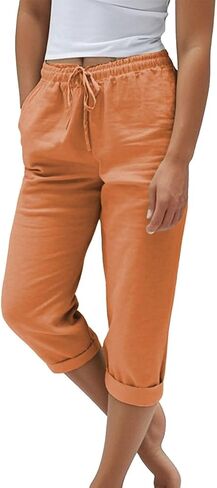 Light Weight Capris for Women Summer Drawstring Elastic High Waisted Mid-Calf Length Cropped Pants with Pockets in Saudi Arabia