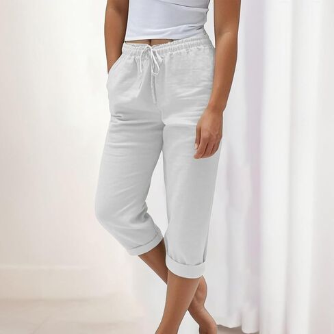 Light Weight Capris for Women Summer Drawstring Elastic High Waisted Mid-Calf Length Cropped Pants with Pockets in Saudi Arabia