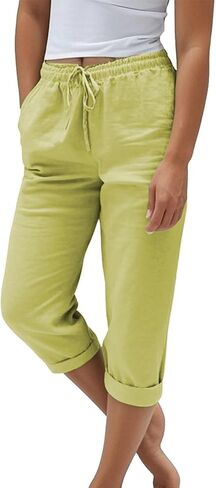 Light Weight Capris for Women Summer Drawstring Elastic High Waisted Mid-Calf Length Cropped Pants with Pockets in Saudi Arabia