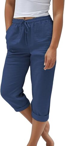 Light Weight Capris for Women Summer Drawstring Elastic High Waisted Mid-Calf Length Cropped Pants with Pockets in Saudi Arabia