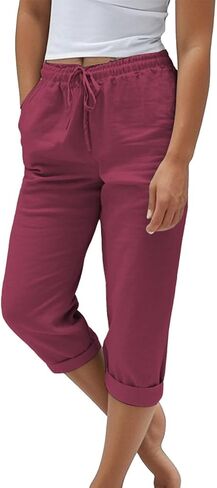 Light Weight Capris for Women Summer Drawstring Elastic High Waisted Mid-Calf Length Cropped Pants with Pockets in Saudi Arabia