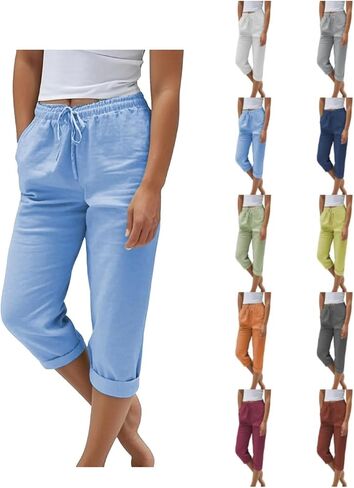 Light Weight Capris for Women Summer Drawstring Elastic High Waisted Mid-Calf Length Cropped Pants with Pockets in Saudi Arabia