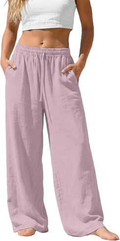 Straight Leg Linen Pants for Women High Waist Lightweight Trousers Summer Loose Drawstring Wide Leg Beach Pants in Saudi Arabia