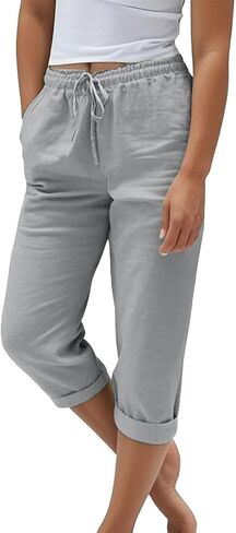 Light Weight Capris for Women Summer Drawstring Elastic High Waisted Mid-Calf Length Cropped Pants with Pockets in Saudi Arabia
