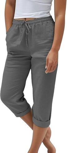 Light Weight Capris for Women Summer Drawstring Elastic High Waisted Mid-Calf Length Cropped Pants with Pockets in Saudi Arabia