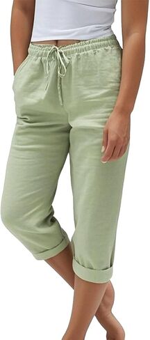 Light Weight Capris for Women Summer Drawstring Elastic High Waisted Mid-Calf Length Cropped Pants with Pockets in Saudi Arabia