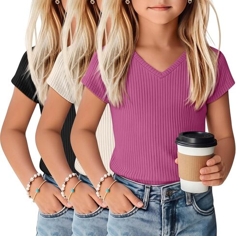 3 Pack Girls Shirts Kids V Neck Short Sleeve Ribbed Knit Tunic Tops Slim Fit Casual Cute Basic Summer Solid Tee in Kuwait