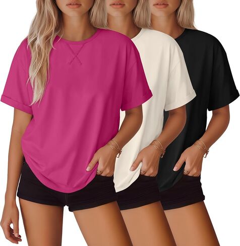 3 Pack Girls' Short Sleeve Shirts Kids Crew Neck Summer Basic Tops Loose Casual Rolled Sleeve Tees 5-14 Years in Kuwait