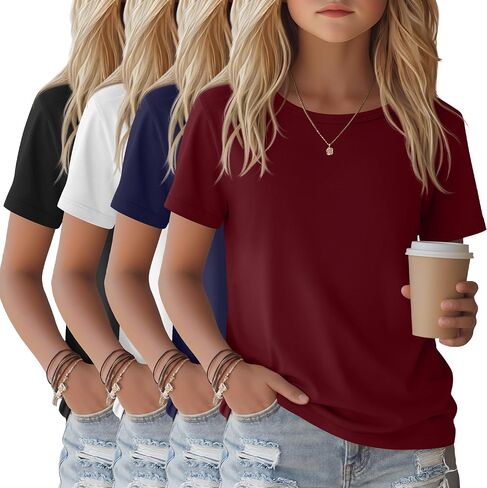 4 Pack Girls Shirts Short Sleeve Tshirts Summer Scoop Neck Basic Tops Soft Crewneck Kids Solid Color Tees 5-14 Years in Saudi Arabia