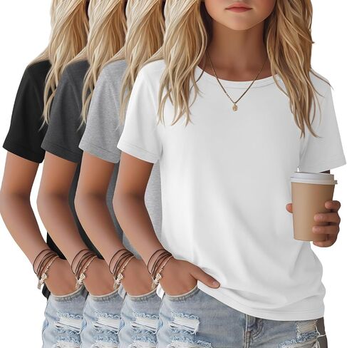 4 Pack Girls Shirts Short Sleeve Tshirts Summer Scoop Neck Basic Tops Soft Crewneck Kids Solid Color Tees 5-14 Years in Kuwait
