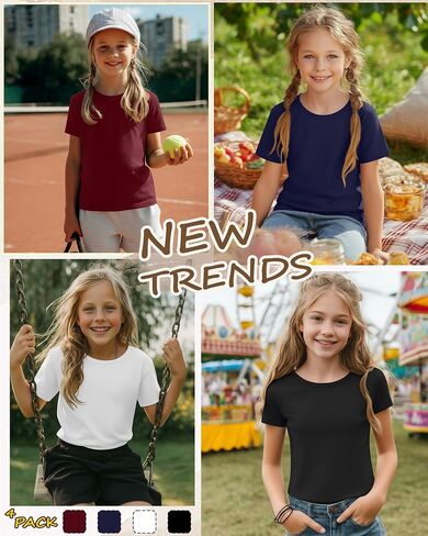 4 Pack Girls Shirts Short Sleeve Tshirts Summer Scoop Neck Basic Tops Soft Crewneck Kids Solid Color Tees 5-14 Years in Saudi Arabia
