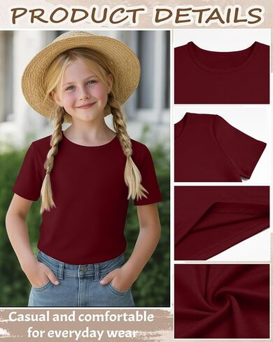 4 Pack Girls Shirts Short Sleeve Tshirts Summer Scoop Neck Basic Tops Soft Crewneck Kids Solid Color Tees 5-14 Years in Saudi Arabia