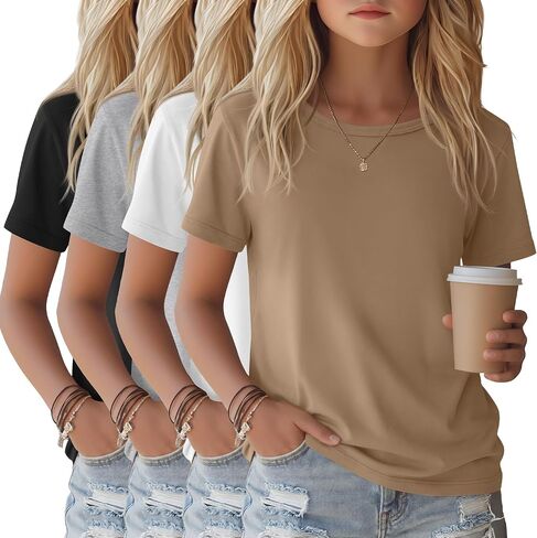 4 Pack Girls Shirts Short Sleeve Tshirts Summer Scoop Neck Basic Tops Soft Crewneck Kids Solid Color Tees 5-14 Years in Saudi Arabia