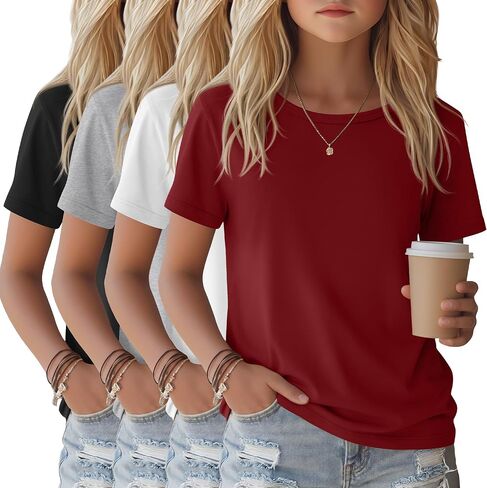 4 Pack Girls Shirts Short Sleeve Tshirts Summer Scoop Neck Basic Tops Soft Crewneck Kids Solid Color Tees 5-14 Years in Saudi Arabia