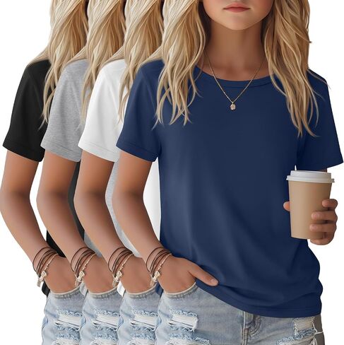 4 Pack Girls Shirts Short Sleeve Tshirts Summer Scoop Neck Basic Tops Soft Crewneck Kids Solid Color Tees 5-14 Years in Saudi Arabia