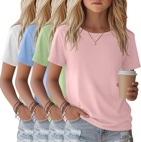 4 Pack Girls Shirts Short Sleeve Tshirts Summer Scoop Neck Basic Tops Soft Crewneck Kids Solid Color Tees 5-14 Years in Saudi Arabia