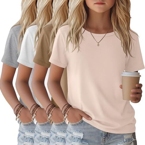 4 Pack Girls Shirts Short Sleeve Tshirts Summer Scoop Neck Basic Tops Soft Crewneck Kids Solid Color Tees 5-14 Years in Saudi Arabia