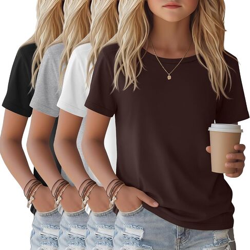 4 Pack Girls Shirts Short Sleeve Tshirts Summer Scoop Neck Basic Tops Soft Crewneck Kids Solid Color Tees 5-14 Years in Saudi Arabia