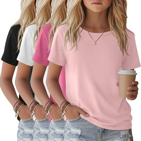 4 Pack Girls Shirts Short Sleeve Tshirts Summer Scoop Neck Basic Tops Soft Crewneck Kids Solid Color Tees 5-14 Years in Saudi Arabia