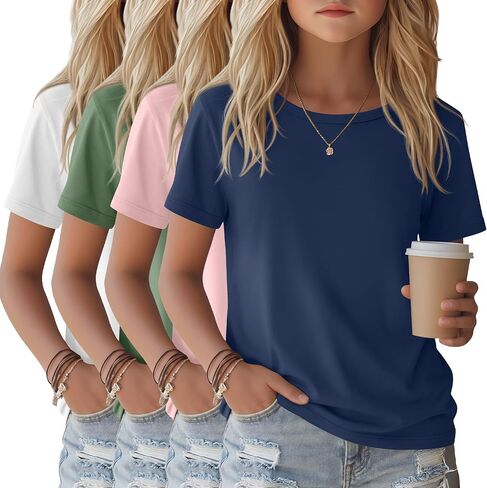 4 Pack Girls Shirts Short Sleeve Tshirts Summer Scoop Neck Basic Tops Soft Crewneck Kids Solid Color Tees 5-14 Years in Saudi Arabia