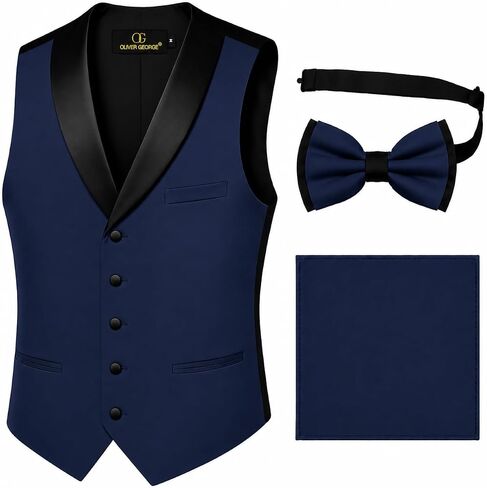 Oliver George Men’s 3pc Solid Tuxedo Suit Vest Black Shawl Lapel Waistcoat Dress Vest BowTie Handkerchief Set in Saudi Arabia