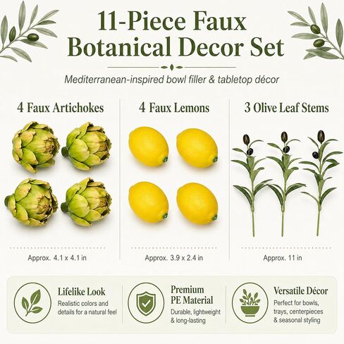 11-Piece Artificial Artichoke Lemon Decor Set, Table Bowl Filler with 4 Large Artichokes, 4 Decorative Lemons, 3 Bendable Olive Branches for Kitchen Counter Centerpiece Faux Decor in Saudi Arabia