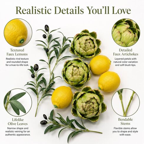 11-Piece Artificial Artichoke Lemon Decor Set, Table Bowl Filler with 4 Large Artichokes, 4 Decorative Lemons, 3 Bendable Olive Branches for Kitchen Counter Centerpiece Faux Decor in Saudi Arabia