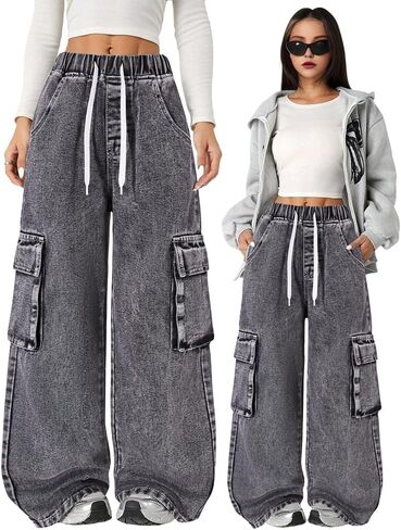 Nivne Tco Tween Girls Cargo Jeans Loose Fit Drawstring Waist Baggy Denim Pants with Multi Pockets in Kuwait