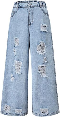 Nivne Tco Teen Girls Jeans Streetwear Ripped Wide Leg Design 5-Pocket Light Wash Distressed Denim Pants with Zipper Fly in Kuwait