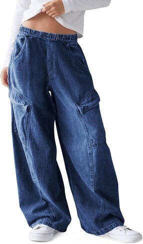 Haloumoning Girls Jeans Baggy Wide Leg Elastic High Waisted Denim Pants Y2K Boyfriend Jeans with Pockets 5-14Y in Kuwait