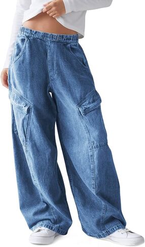 Haloumoning Girls Jeans Baggy Wide Leg Elastic High Waisted Denim Pants Y2K Boyfriend Jeans with Pockets 5-14Y in Saudi Arabia